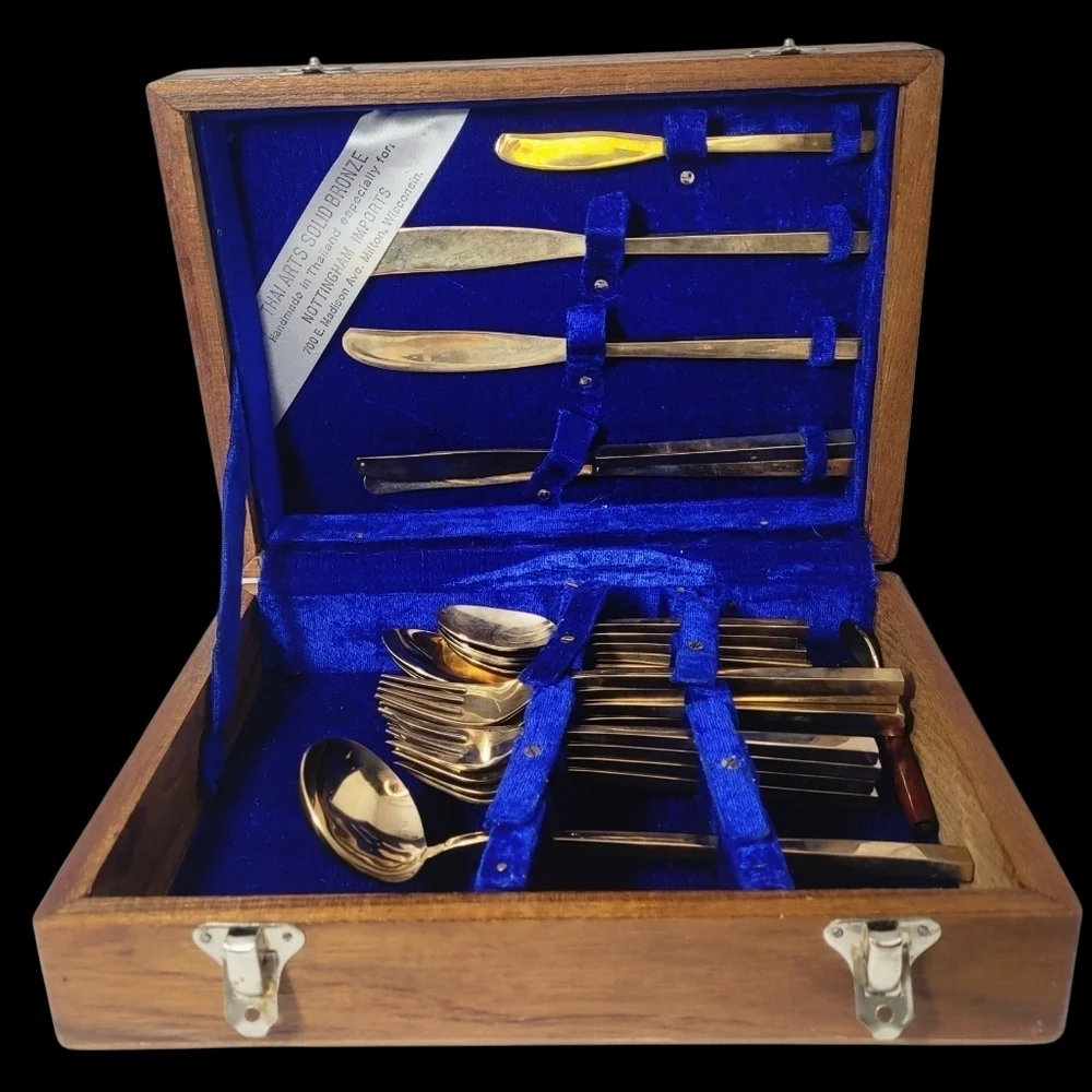 Vintage Solid Bronze Thai Made Cutlery Set of 4+ Chopstick Model Rosewood Box